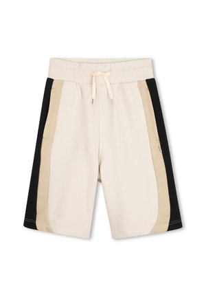 Short beige avec panneaux latéraux noirs et marron clair, taille élastique et cordon à l'avant pour un ajustement réglable.