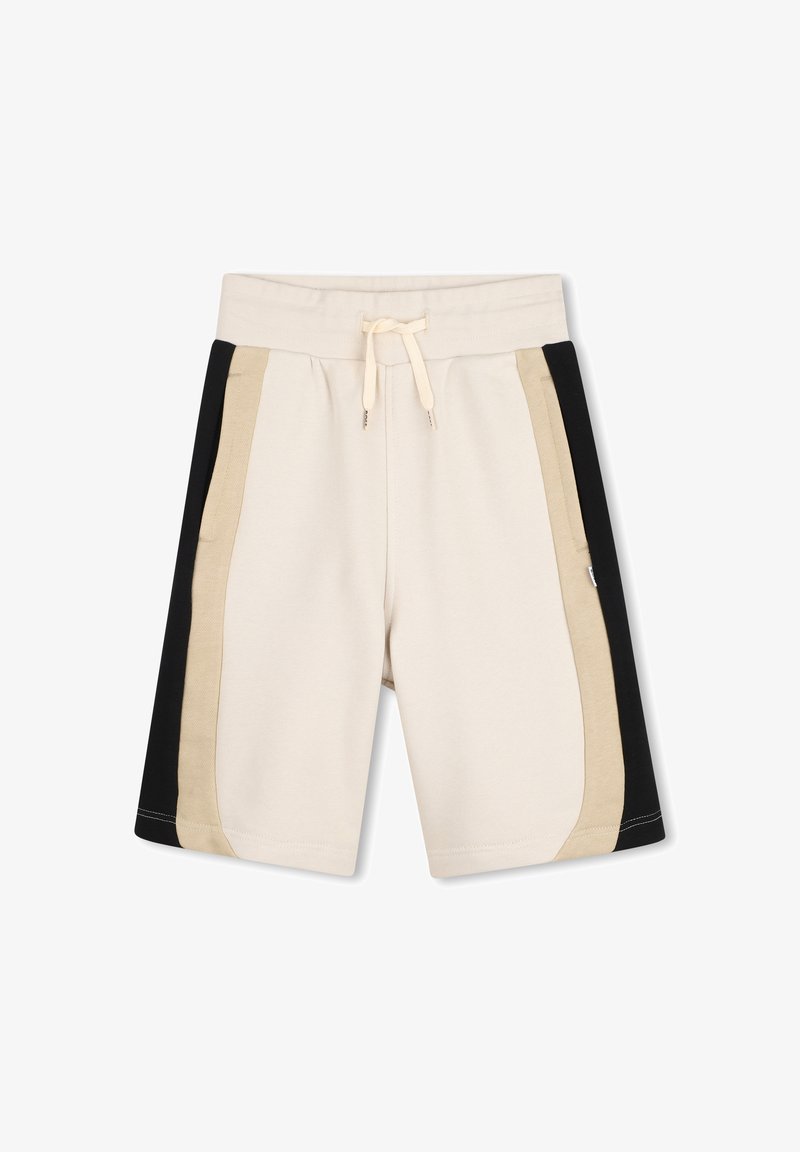 Short beige avec panneaux latéraux noirs et marron clair, taille élastique et cordon à l'avant pour un ajustement réglable.