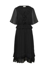 Robe noire avec de courtes manches en voile flottantes, un col en volants et un ourlet en volants en niveaux. Tissu doux et fluide avec une taille cintrée.