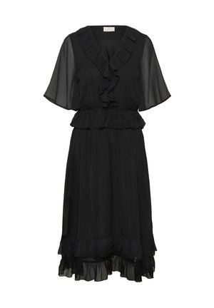 Schwarzes Kleid mit kurzen, durchsichtigen Fledermausärmeln, Rüschenausschnitt und gestuftem Rüschensaum. Weicher, fließender Stoff mit taillierter Taille.
