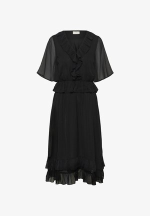 Black dress with short, sheer flutter sleeves, ruffled neckline, and tiered ruffle hem. Soft, flowing fabric with a fitted waist.