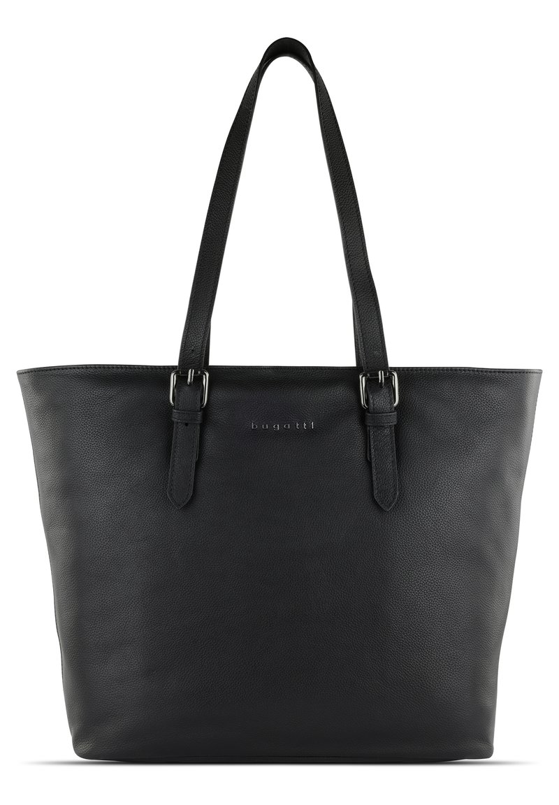 Tote en cuir noir avec deux longues poignées, surface texturée et un logo en relief subtil à l'avant, présentant un design spacieux.