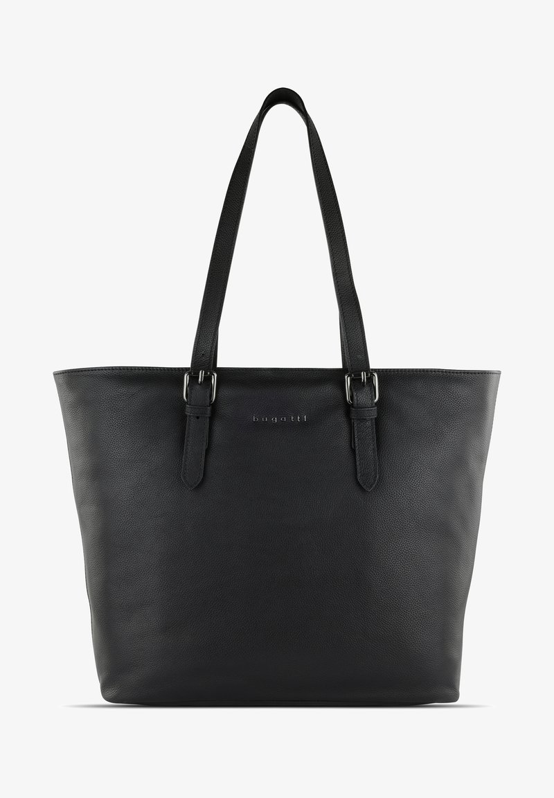 Tote en cuir noir avec deux longues poignées, surface texturée et un logo en relief subtil à l'avant, présentant un design spacieux.