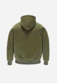 Felpa con cappuccio verde oliva, realizzata in tessuto morbido, con tasca a marsupio e polsini e fondo a costine. La vista posteriore mostra un design senza cuciture.