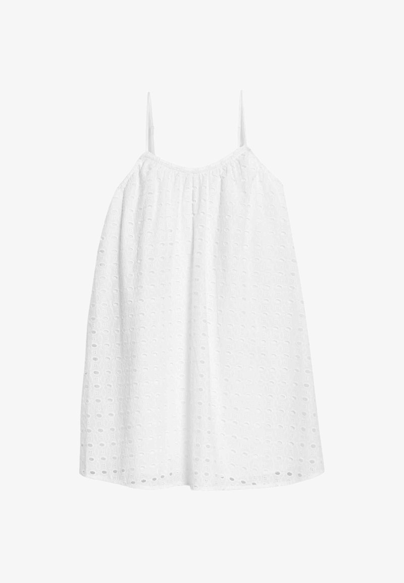 Weißes ärmelloses Kleid mit lockerer Passform, aus strukturiertem Stoff mit runden Ausschnitten. Elastischer Halsausschnitt und dünne Träger.