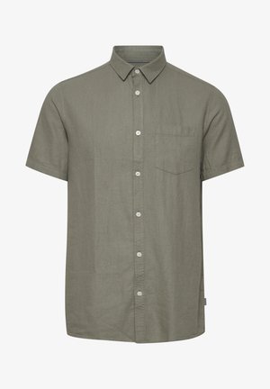 Short-sleeve button-up shirt in olive green, made from lightweight fabric. Features a chest pocket and white buttons along the front.