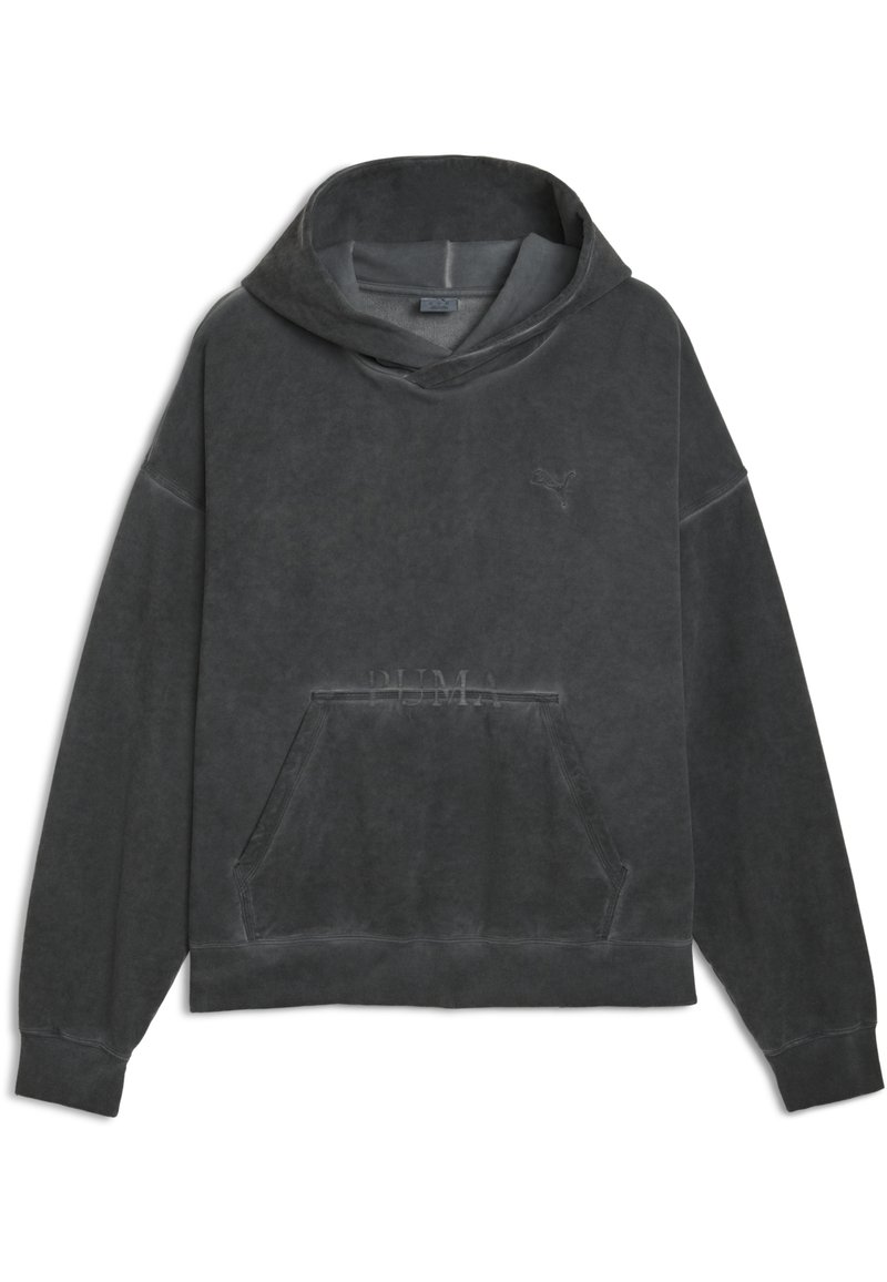 Szary hoodie z kapturem, wykonany z miękkiego materiału. Posiada kieszeń z przodu oraz subtelną grafikę na piersi. Gładka tekstura i luźny krój.