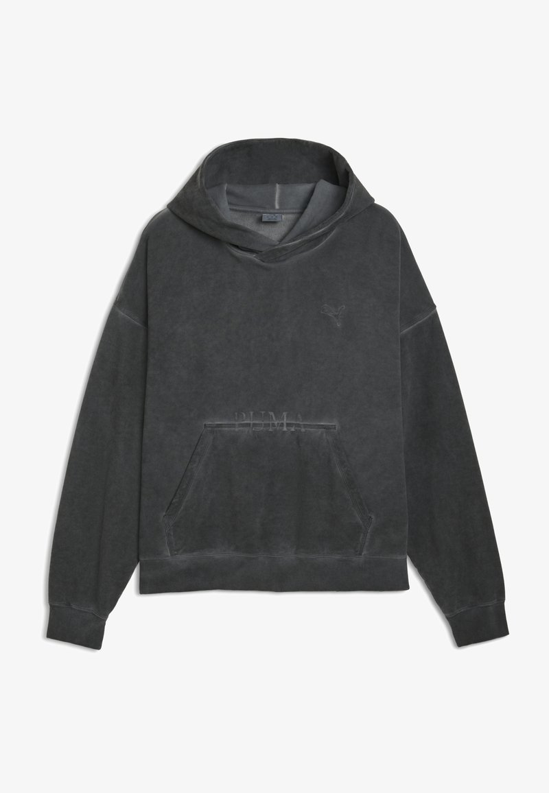 Szary hoodie z kapturem, wykonany z miękkiego materiału. Posiada kieszeń z przodu oraz subtelną grafikę na piersi. Gładka tekstura i luźny krój.
