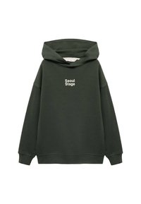 Felpa verde scuro realizzata in tessuto con vestibilità comoda. Presenta una tasca frontale e la scritta "Seoul Stage" stampata in bianco sul petto.