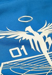 Aigle abstrait blanc aux ailes déployées et un halo au-dessus, numéro 01, et des lignes géométriques sur un fond en tissu bleu.