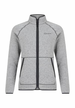 Grijze fleece jas met een hoge kraag, ritssluiting, contrasterende donkergrijze zijkanten en een subtiel gestructureerd patroon over de gehele lengte.