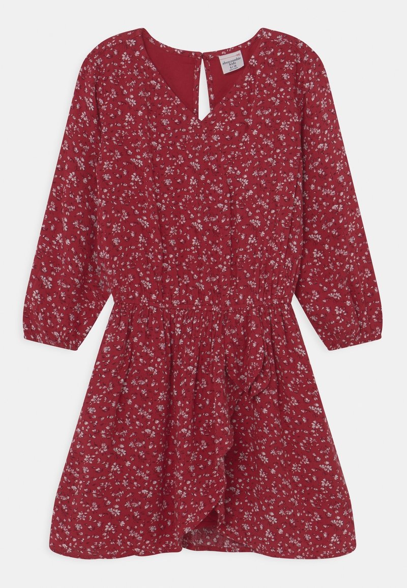Vestido rojo de flores con mangas largas, escote en V y detalle de abertura en la parte posterior. Presenta una cintura fruncida y una falda fluida.