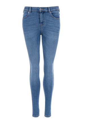 Skinny jeans made of light blue denim, featuring a high waist, five pockets, and classic stitching. Smooth texture with a slight stretch.