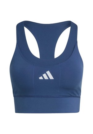 Navy blue sports bra with a racerback design, made from stretchy fabric, featuring a white logo and clean stitching details.