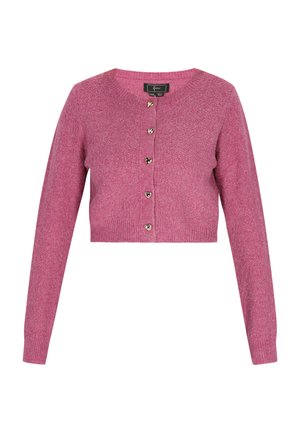 Roze cropped cardigan gemaakt van gestructureerde brei stof, met een ronde halslijn en hartvormige knopen aan de voorkant.