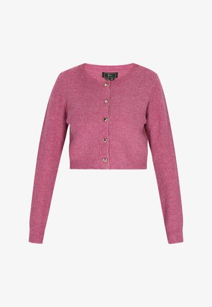 Roosa lühike kardigan, mis on valmistatud tekstuurilisest kudumist, millel on ümmargune kaelus ja südamekujuline nööbirea ees.