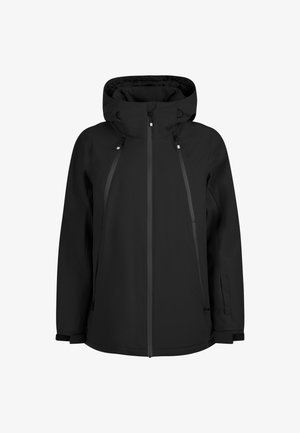 Juodas vandeniui atsparus švarkas su gobtuvu, turintis užtrauktukus kišenes, reguliuojamus raištelius ir elastines rankoves, kad būtų užtikrintas tvirtas prigludimas. Lygus audinio tekstūra.