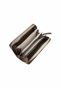 Portefeuille en cuir marron avec fermeture éclair, doté de plusieurs compartiments et emplacements pour cartes, texture lisse et doublure intérieure beige.