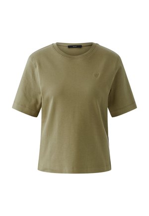 Olive green short-sleeve cotton t-shirt with crew neckline and small embroidered heart logo on the left chest.