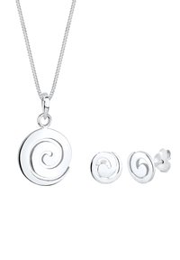 Sølv halskæde med enspiralformet vedhæng og matchende spiraløreringe. Glat, skinnende overflade; kompleks spiraldesign; delikat kæde.