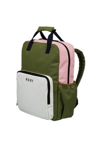Green, pink, and white backpack with padded straps, a front zip pocket, and logo detail. Features a sleek rectangular shape and smooth texture.