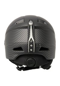 Sort carbonfiber-hjelm med en glat overflade, justerbart drejeknap, ventilationshuller og en metallisk detalje på toppen.