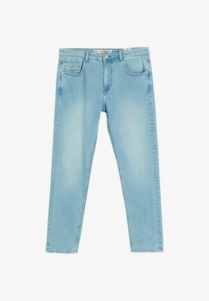 Jasnoniebieskie wąskie dżinsy z przednim guzikiem i zamkiem błyskawicznym, pięcioma kieszeniami i lekko wyblakłymi detalami na udach.