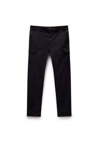 Black cargo pants made of durable fabric, featuring two large side pockets, a zippered pocket, and a straight-leg design.
