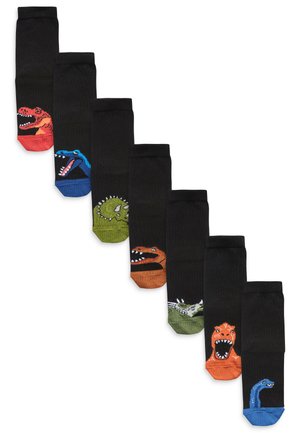 Set aus acht schwarzen Socken mit verschiedenen Dinosaurierdesigns. Jede Socke hat eine kontrastierende Fußzehenfarbe und detaillierte, farbenfrohe Dinosaurierillustrationen.