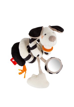 Jouet pour chien en peluche douce avec des rayures noires et blanches, de grandes oreilles tombantes et un miroir rond fixé sur la patte.