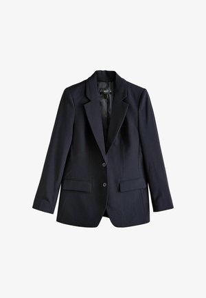 Blazer bleu marine en tissu lisse, avec un revers cranté, deux poches avant et deux boutons. Design simple avec une coupe ajustée.