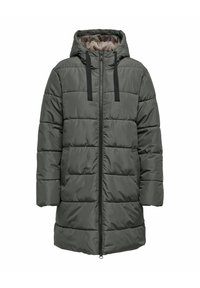 Mørkegrå quilted lang pufferjakke med hætte, sorte snore, frontlynlås og sidelommer, vist på hvid baggrund.
