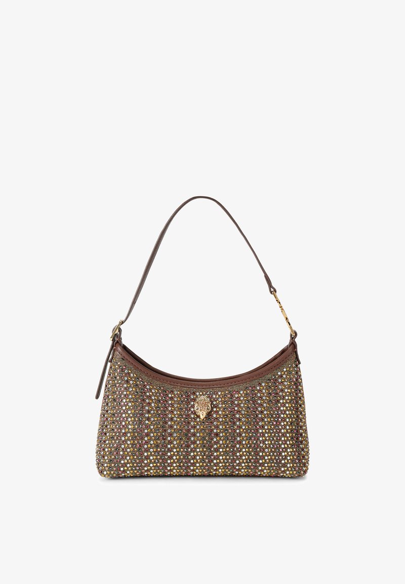 Mała brązowa torebka na ramię pokryta wielokolorowymi kryształkami, z złotym detalem w kształcie głowy lwa i wąskim regulowanym paskiem.