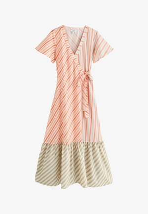 Midi zavinovacie šaty s krátkymi rukávmi, na vrchu s diagonálnymi oranžovými a ružovými pruhmi a béžovým volánovým lemom s pruhmi.