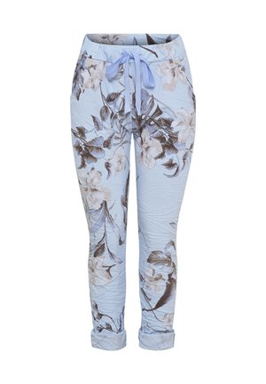 Lyseblå bukser med brun og hvid blomstermønster, elastisk talje med matchende lyseblåt snøre og opkørte manchetter.