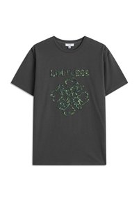 Grijze katoenen t-shirt met een textuur van groene pailletten en de tekst "LIMITLESS" op de voorkant, met een klassieke ronde hals en korte mouwen.