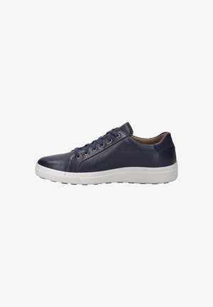 Marineblaue Leder-Sneaker mit glatter Textur, weißer Gummisohle, runder Zehenpartie und sechs Ösen Schnür-Design. Minimalistische und streamlined Silhouette.