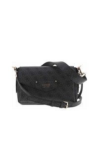 Sac bandoulière noir à motif avec une texture lisse, doté d'une plaque logo en ton doré et d'une sangle ajustable. Design rectangulaire compact.