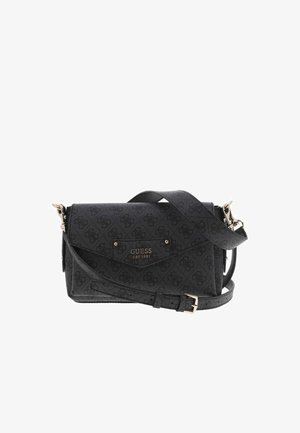 Sac bandoulière noir à motif avec une texture lisse, doté d'une plaque logo en ton doré et d'une sangle ajustable. Design rectangulaire compact.