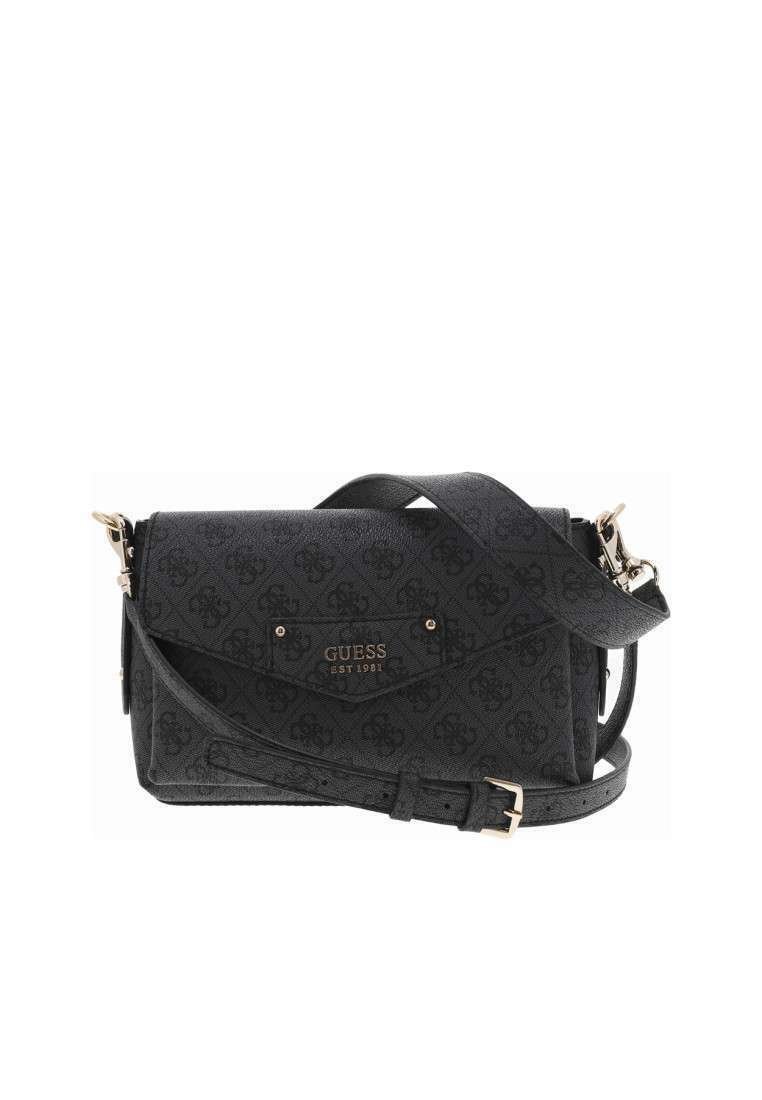 Sac bandoulière noir à motif avec une texture lisse, doté d'une plaque logo en ton doré et d'une sangle ajustable. Design rectangulaire compact.