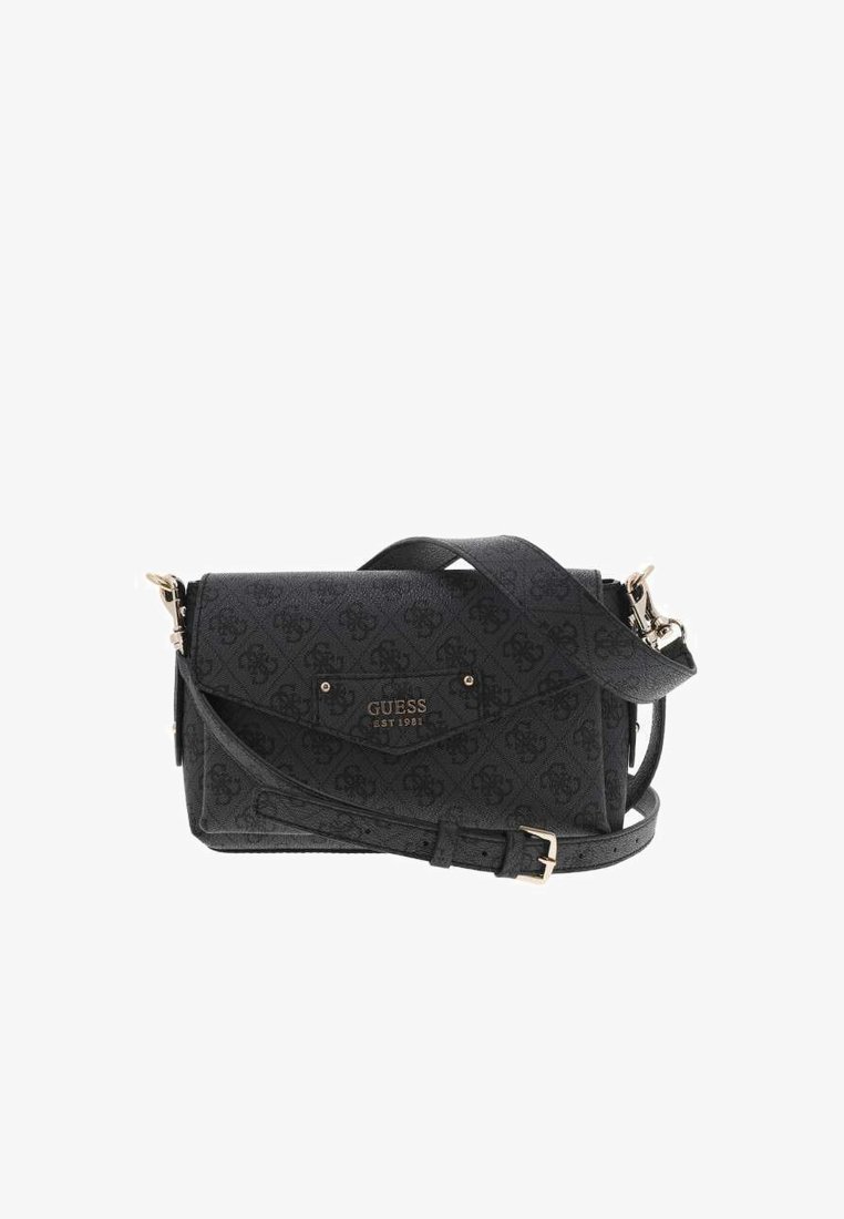 Sac bandoulière noir à motif avec une texture lisse, doté d'une plaque logo en ton doré et d'une sangle ajustable. Design rectangulaire compact.