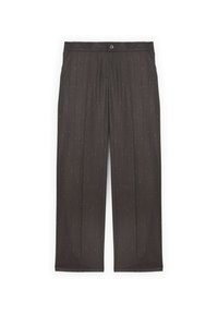 Spodnie o szerokich nogawkach z ciemnobrązowej tkaniny z subtelnymi złotymi prążkami, wyposażone w zapięcie na guzik i plisowany przód.
