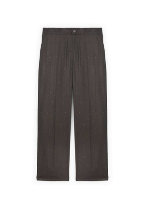 Pantaloni a gamba larga in tessuto marrone scuro con sottili righe dorate, con chiusura a bottone e design anteriore plissettato.