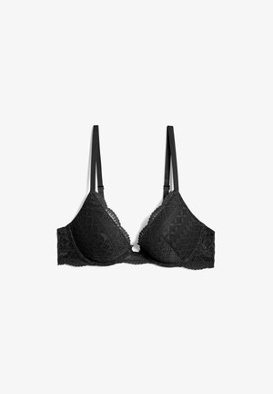 Bralette en dentelle noire avec des bonnets triangulaires, des bords festonnés et des fines bretelles réglables. Présente des motifs géométriques complexes sur l'ensemble.