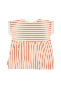 Top in cotone a righe con maniche corte, caratterizzato da strisce corallo alternate sottili e spesse su sfondo bianco e orlo arricciato.