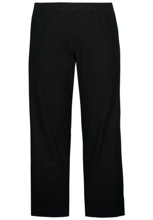 Pantalones negros de altura media, fabricados con una tela suave, con cintura elástica y diseño de pierna recta. Sin patrones o acentos visibles.