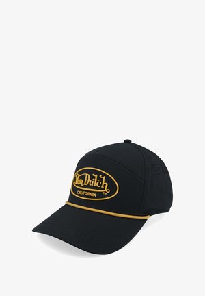 Schwarze Kappe mit gelbem "Von Dutch California" Logo. Verfügt über einen gebogenen Schirm und perforierte Seitenpaneele für Atmungsaktivität. Mit einem gelben Band verziert.