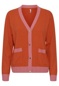 Orange cardigan med en rosa V-ringning, två framfickor, räfflade manschetter och knäppning med knappar. Mjuk stickad tyg.