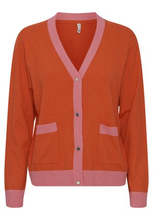 Orange cardigan with a pink V-neck collar, two front pockets, ribbed cuffs, and a button closure. Soft knit fabric.