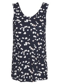 Granatowy top na ramiączkach z okrągłym dekoltem, z białym i beżowym wzorem kwiatowym. Miękka tkanina o luźnym kroju, z rozcięciami po bokach u dołu.
